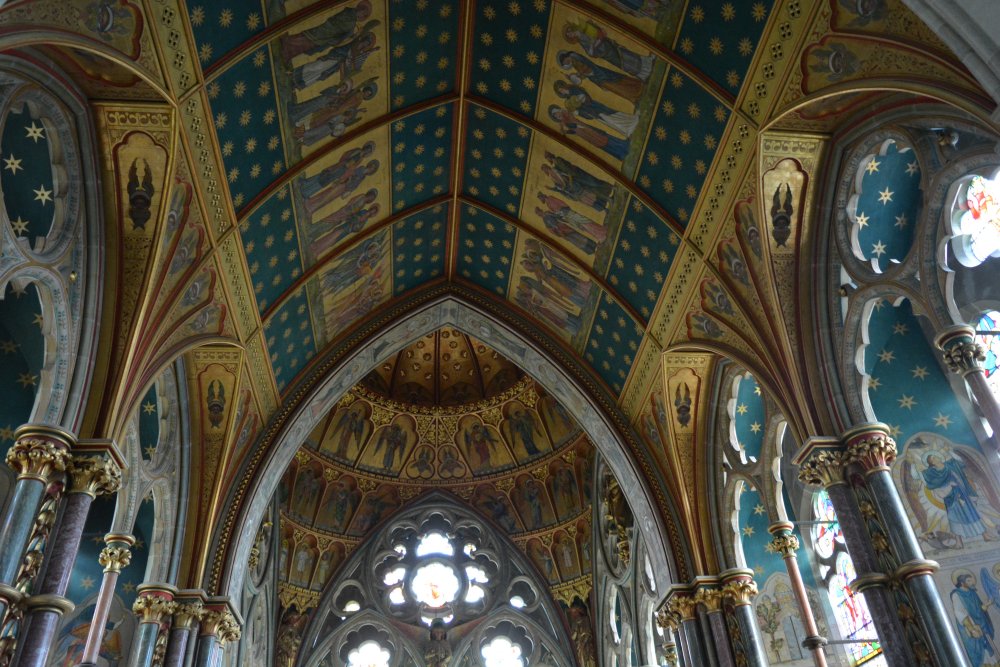 highly decorated ceiling of the chancel of St Mary's Church, Studley Royal