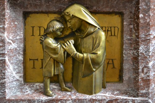 font sculpture infancy in situ St Mary's Church, Studley Royal