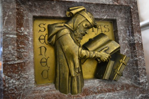 font sculpture old age in situ St Mary's Church, Studley Royal