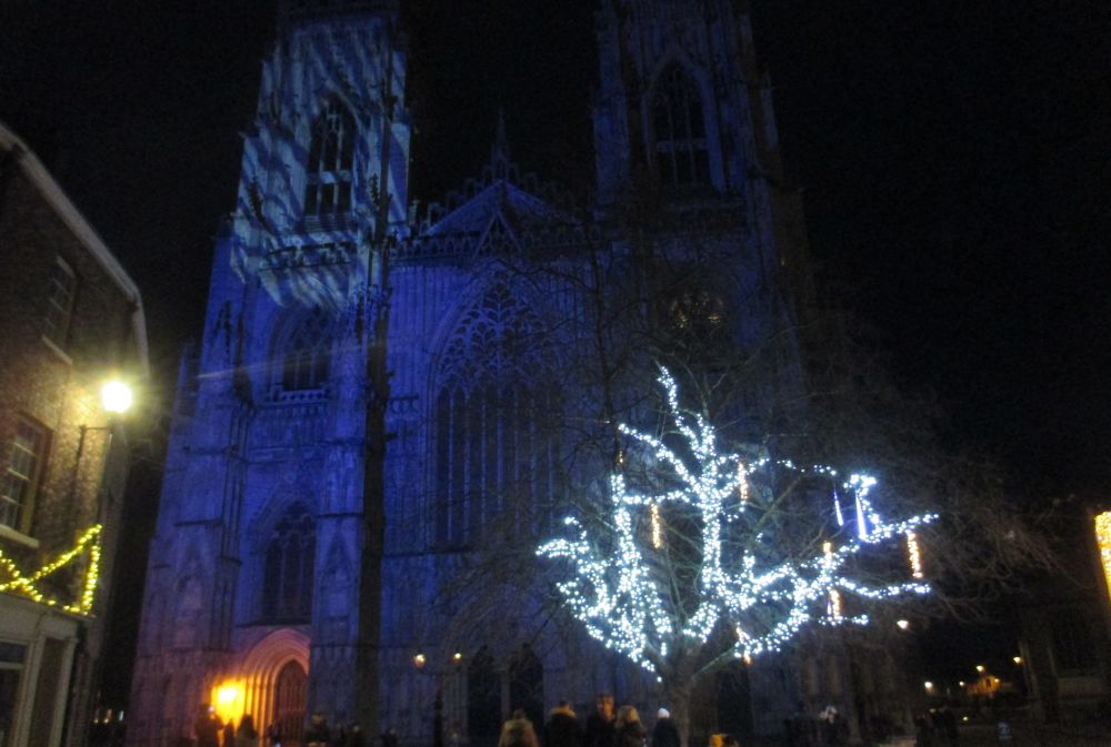 West Front of York Minster lit up by Christmas lights (January 2020)