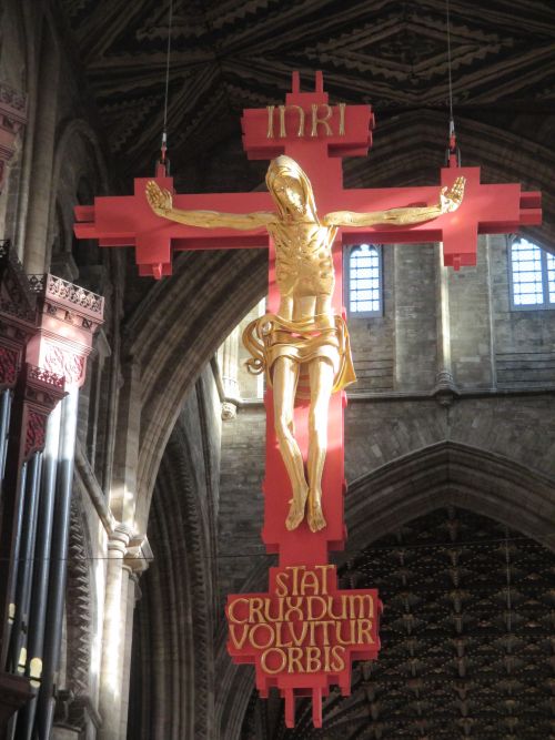 The Crucifix hanging high above the nave of Peterborough Cathedral