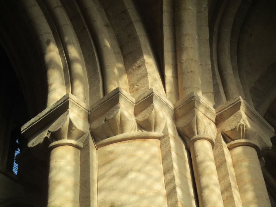 Details of the carved capitals of the pillars of the nave of Peterborough Cathedral.