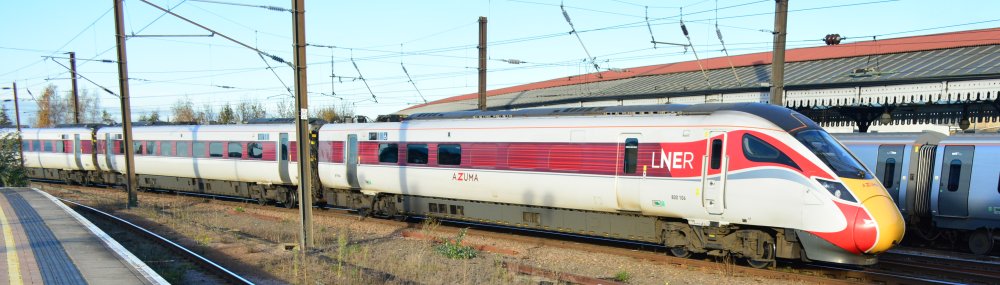 LNER Class 800 bi-mode multiple unit 800106 arriving at York with an AZUMA Express service from Edinburgh Waverley to London Kings Cross station