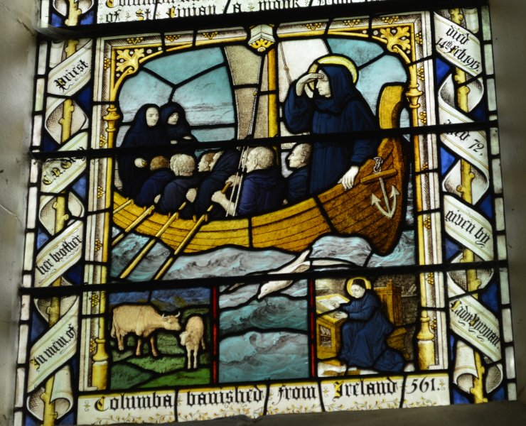 Columba banished from Ireland in 561 (stained glass window in All Saints Church, Helmsley, North Yorkshire)