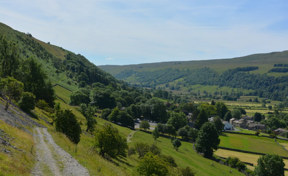 Looking back down to Buckden Village Linear walk up Buckden Pike, Yorkshire Dales National Park, North Yorkshire