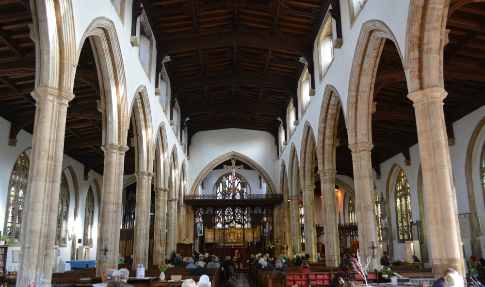 The central nave and nave columns of St John the Baptist Church, in Cathedral Square, Peterborough