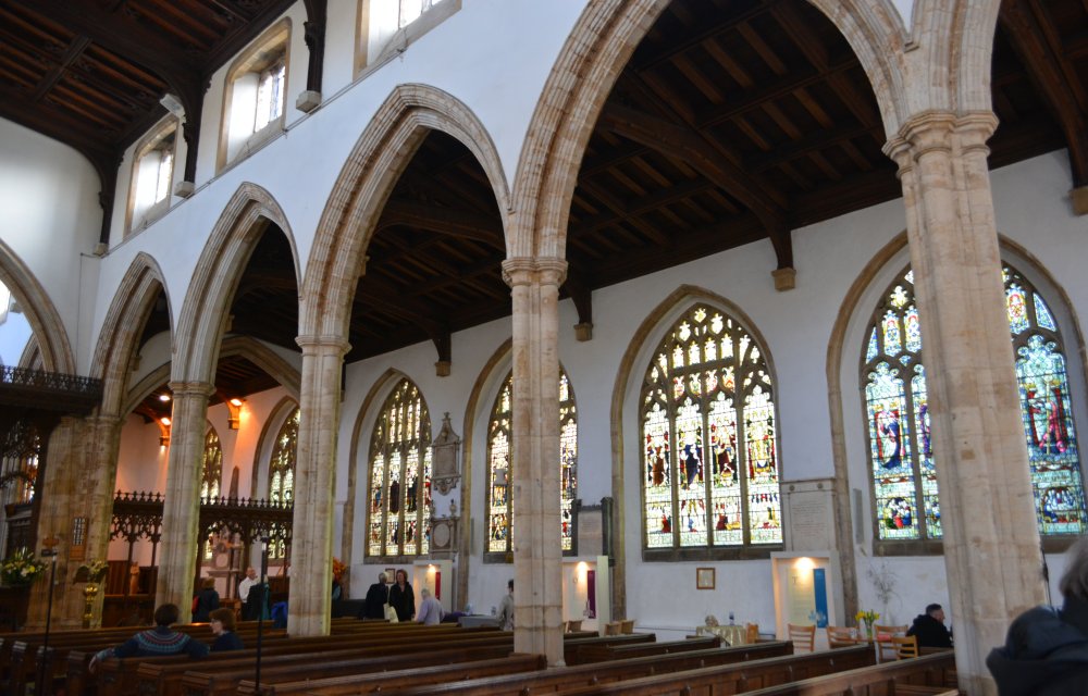 The south aisle columns and stained glass windows of the south aisle of St John the Baptist Church, Peterborough