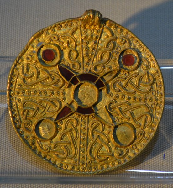 The gold pendant found in the grave of the Anglo Saxon Princess, Street House, Loftus Kirkleatham Old Hall Museum and Art Gallery, Cleveland