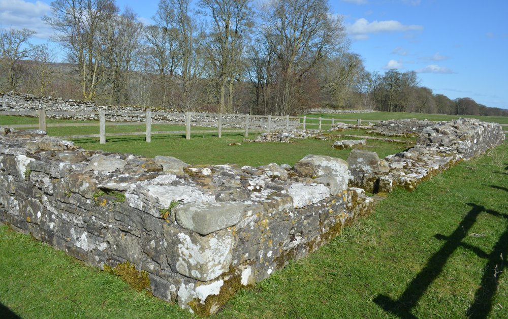 The rectangular ruined walls of the Knights Templar Chapel Preceptory below Penhill, North Yorkshire, England