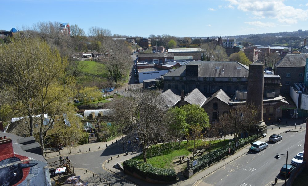 Looking down on the Ouseburn Farm and the Lime Street chimney from the Byker Bridge