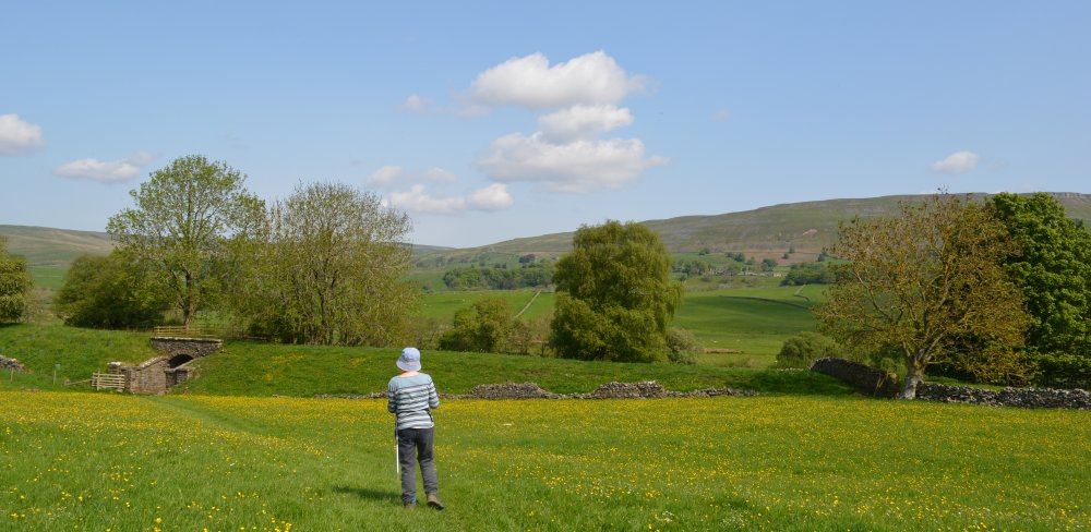 Walking north down through the meadows to the River Ure and passing under the old trackbed of the Hawes to Garsdale Head railw Circular walk from Hawes to Hardraw Force