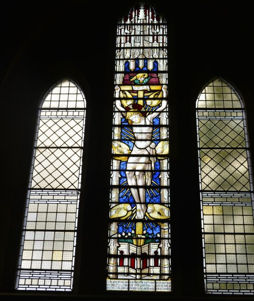 Stained glass window in the Church of St Mary and St John, Hardraw. Circular walk from Hawes to Hardraw Force