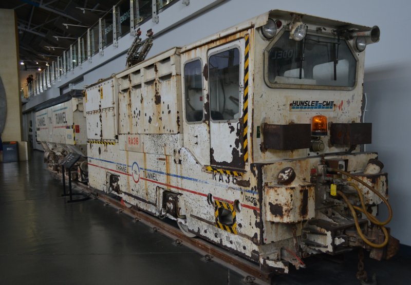 Mulhauser Side Discharge Wagon RT238 (or 239) HUNSLET GMT RA36 CHANNEL (TML) TUNNEL (built 1989) This Hunslet electric locomotive was used in the Channel Tunnel�s construction, pulling the muck trucks which removed the spoil (York NRM Nov 2023)