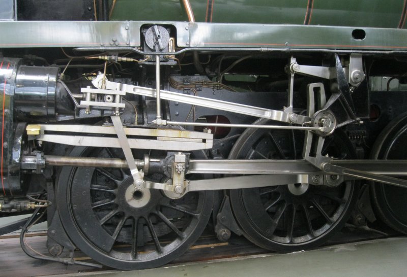 Some of the link motion and connecting rods of steam locomotive 92220 EVENING STAR