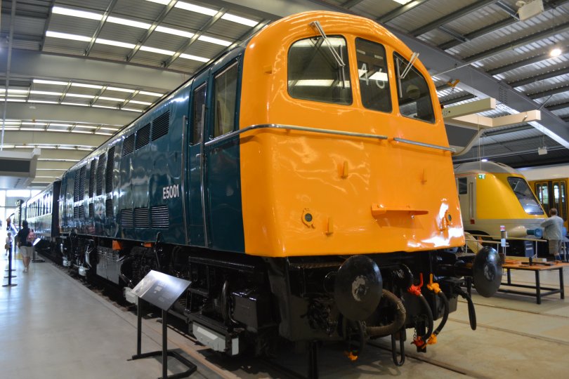 Now in British Rail blue livery, Class 71 electric locomotive E5001 in Shildon NRM Museum, 2024