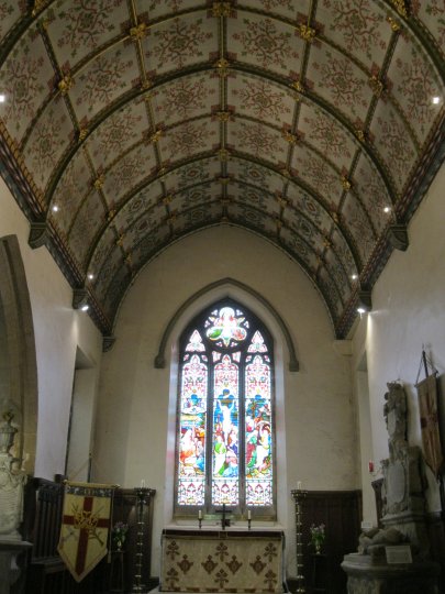The chancel, choir, altar and east window of All Saints Church, Ripley, North Yorkshire, England