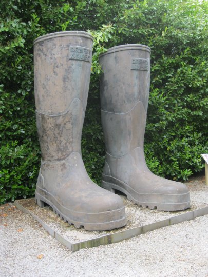 The GIANT WELLIES sculpture in Breezy Knees Gardens, near York, North Yorkshire