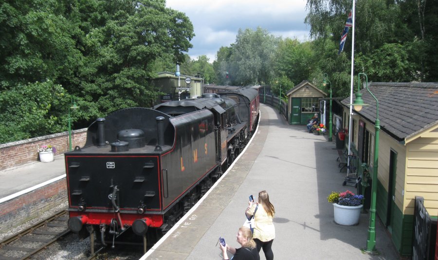Tender first Stanier Black Five locomotive45428 ERIC TREACY entering Pickering station with an NYMR train from Grosmonr (2024)