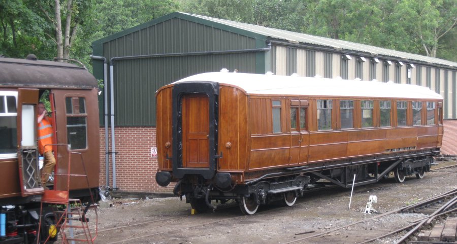 LNER teak passenger coach under restoration at Pickering on the North Yorkshire Moors Railway