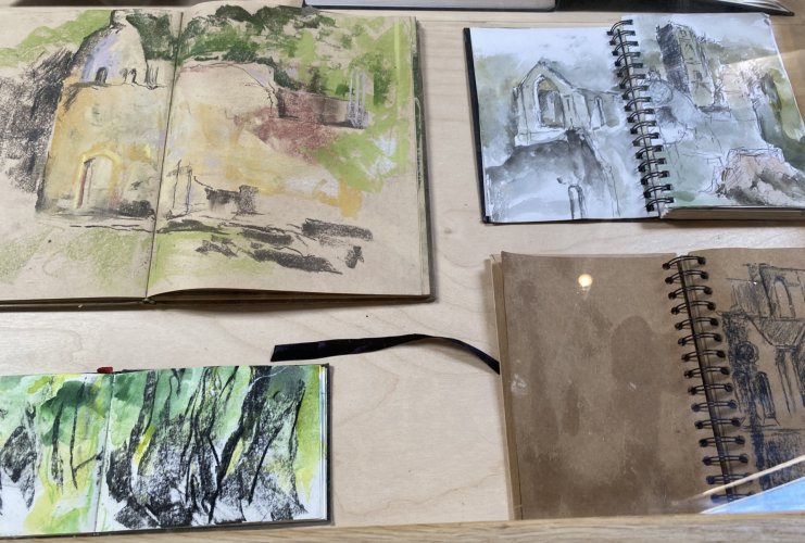 A landcscape painter's prespective Peter Hicks artist exhibition Fountains Abeey old mill 