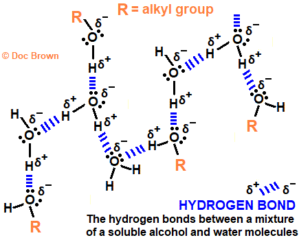 diagram of intermolecular hydrogen bonding forces between water and alcohol molecules in solution mixture why miscible doc brown A level chemistry revision notes