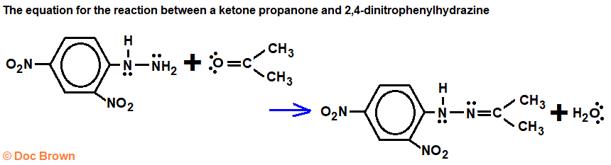 equation for the addition-elimination reaction between 2,4-dinitrophenylhydrazine and propanone 24DNPH ketone advanced organic chemistry revision notes doc brown