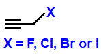 skeletal formula of 3-fluoropropyne, 3-chloropropyne, 3-bromopropyne, 3-iodopropyne