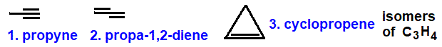 3 constitutional structural isomers of C3H4 molecular formula C3H4 isomerism alkyne cycloalkene diene aliphatic alicyclic three isomers