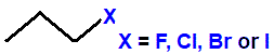 skeletal formula of 1-fluoropropane, 1-chloropropane, 1-bromopropane and 1-iodopropane haloalkane isomers