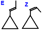 structural skeletal formula 1-cyclopropylpropene 1-cyclopropylprop-1-ene, 1-cyclopropyl-1-propene, (E)-1-cyclopropylpropene, (Z)-1-cyclopropylpropene, (E)-1-cyclopropylprop-1-ene, (E)-1-cyclopropyl-1-propene, (Z)-1-cyclopropylprop-1-ene, (Z)-1-cyclopropyl-1-propene
