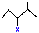 skeletal formula of 3-fluoro-2-methylpentane, 3-chloro-2-methylpentane, 3-bromo-2-methylpentane, 3-iodo-2-methylpentane isomers of C6H13Cl C6H13Br C6H13I C6H13F