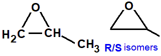 R/S optical isomers of methyloxirane, 1,2-epoxypropane, 1,2-propylene oxide constitutional structural formula skeletal formula isomer of C3H6O