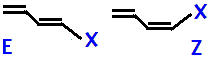 E/Z geometrical isomers 1-fluorobuta-1,3-diene,  1-chlorobuta-1,3-diene,  1-bromobuta-1,3-diene,  1-iodobuta-1,3-diene skeletal formula constitutional structural formula