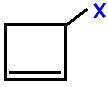 R/S optical isomers 3-fluorocyclobutene,  3-chlorocyclobutene,  3-bromocyclobutene,  3-iodocyclobutene skeletal formula constitutional structural formula