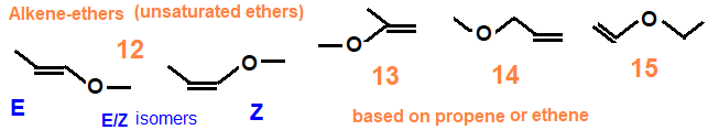 Alkene-ethers (unsaturated ethers), 1-methoxyprop-1-ene, 2-methoxyprop-1-ene, 3-methoxyprop-1-ene, 1-ethoxyethene, constitutional isomers of C4H8O
