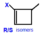 R/S optical 2-fluoro-3-methylcyclobutene,  2-chloro-3-methylcyclobutene,  2-bromo-3-methylcyclobutene,  2-iodo-3-methylcyclobutene skeletal formula constitutional structural formuka molecular formula C5H7F, C5H7Cl, C5H7Br, C5H7I 