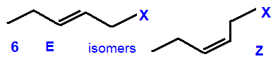 E/Z geometrical isomers 1-fluoropent-2-ene,  1-chloropent-2-ene,  1-bromopent-2-ene,  1-iodopent-2-ene skeletal formula constitutional structural formuka molecular formula