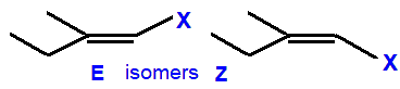 E/Z geometrical isomers 1-fluoro-2-methylbut-1-ene,  1-chloro-2-methylbut-1-ene,  1-bromo-2-methylbut-1-ene,  1-iodo-2-methylbut-1-ene skeletal formula constitutional structural formuka molecular formula
