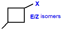 E/Z geometrical isomers 1-fluoro-3-methylcyclobutane,  1-chloro-3-methylcyclobutane,  1-bromo-3-methylcyclobutane,  1-iodo-3-methylcyclobutane skeletal formula constitutional structural formuka molecular formula
