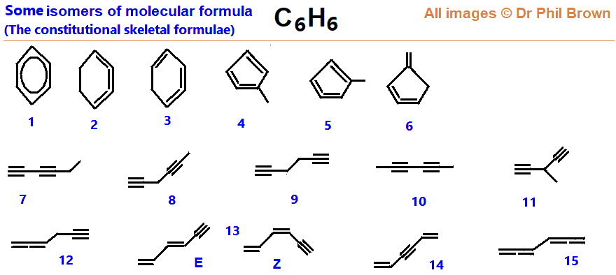 selected examples of constitutional isomers of C6H6 molecular structural formula of C6H6 alkynes alkenes open chain and C6H6 cyclic compounds