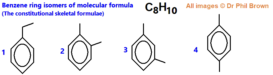 4 structural skeletal formula of C8H10 isomers with benzene ring aromatic compound derivatives of molecular formula C8H10 arenes with benzene ring aromatic hydrocarbons of C8H10 carbon chain alkyl isomers of C8H10 Doc Brown's Chemistry