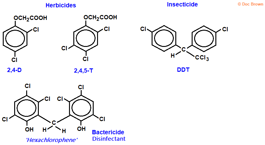 molecular structure 2,4-D 2,4-dichlorophenoxyethanoic acid 2,4,5-D 2,4,5-trichlorophenoxyethanoic acid DDT dichlorodiphenyltrichloroethane hexachlorophene structural formula