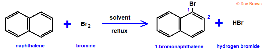 Naphthalene reacts with bromine/solvent mixture heated under reflux to yield mainly 1-bromonaphthalene molecular structure structural formula electrophilic substitution mechanism