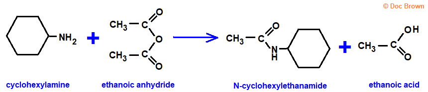cyclohexylamine reacts with ethanoic anhydride to yield N-cyclohexylethanamide preparation structural formula equation molecular structure