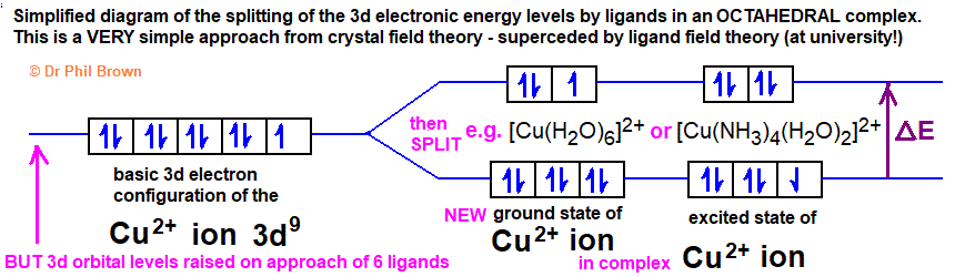 electronic energy level diagram shows the field splitting effect of the 6 water/ammonia ligands on the 3d orbitals of the central copper ion (Cu2+) in octahedral or square planar compleex copper)II) ions